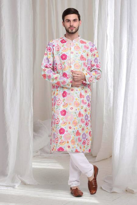 Buy_Aham-Vayam_Green Cotton Embroidery, Sequins Floral Kurta Churidar Set _Online_at_Aza_Fashions