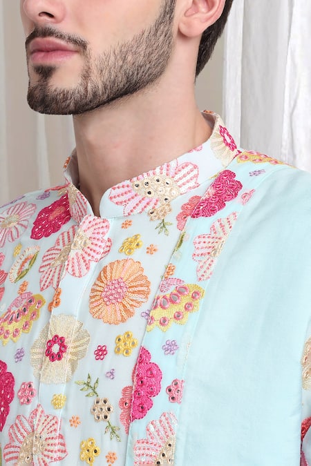 Shop_Aham-Vayam_Green Cotton Embroidery, Sequins Floral Kurta Churidar Set _Online_at_Aza_Fashions