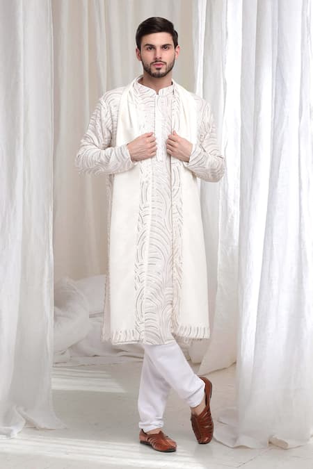 Aham-Vayam Cream Cotton Embroidery Geometric Firdaus Kurta Churidar Set 