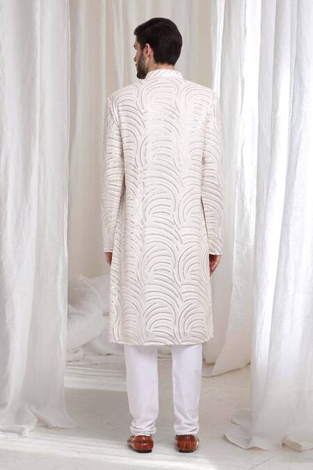 Shop_Aham-Vayam_Cream Cotton Sequins, Embroidery Firdaus Kurta Churidar Set _at_Aza_Fashions