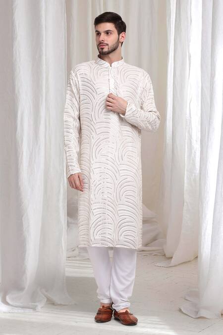 Buy_Aham-Vayam_Cream Cotton Sequins, Embroidery Firdaus Kurta Churidar Set _Online_at_Aza_Fashions