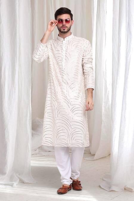 Aham-Vayam_Cream Cotton Sequins, Embroidery Firdaus Kurta Churidar Set _at_Aza_Fashions