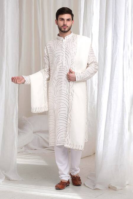Buy_Aham-Vayam_Cream Cotton Sequins, Embroidery Firdaus Kurta Churidar Set 