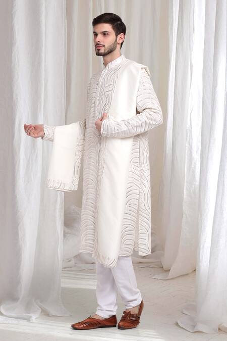 Shop_Aham-Vayam_Cream Cotton Sequins, Embroidery Firdaus Kurta Churidar Set 