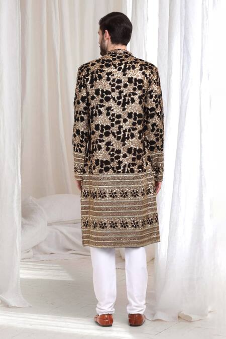 Shop_Aham-Vayam_Black Cotton Sequins Kashish Embroidered Kurta Churidar Set _at_Aza_Fashions