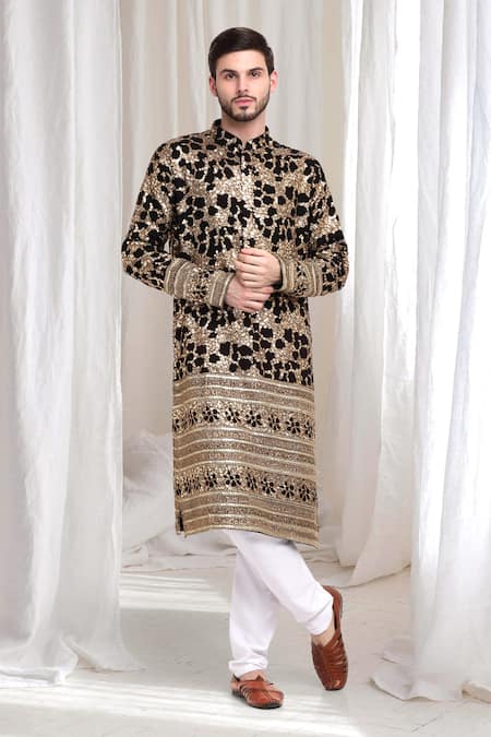 Buy_Aham-Vayam_Black Cotton Sequins Kashish Embroidered Kurta Churidar Set _Online_at_Aza_Fashions