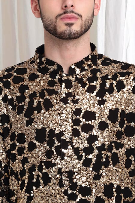 Aham-Vayam_Black Cotton Sequins Kashish Embroidered Kurta Churidar Set _at_Aza_Fashions