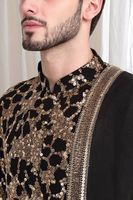 Shop Aham-Vayam Black Cotton Sequins Kashish Embroidered Kurta Churidar Set Shop_Aham-Vayam_Black Cotton Sequins Kashish Embroidered Kurta Churidar Set
