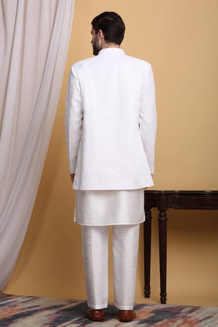 Shop_Aham-Vayam_Ivory Cotton, Silk Embroidery Nakkashkaari Jacket Pant Set _at_Aza_Fashions
