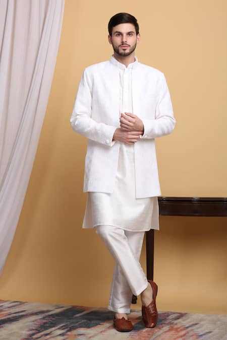 Shop_Aham-Vayam_Ivory Cotton, Silk Embroidery Nakkashkaari Jacket Pant Set _Online_at_Aza_Fashions