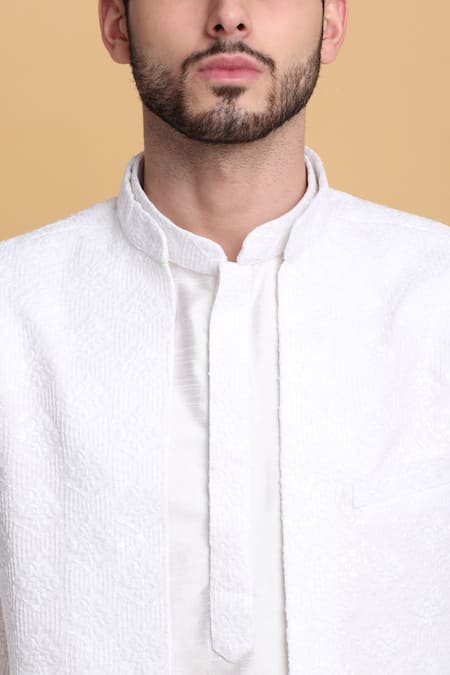 Buy_Aham-Vayam_Ivory Cotton, Silk Embroidery Nakkashkaari Jacket Pant Set 