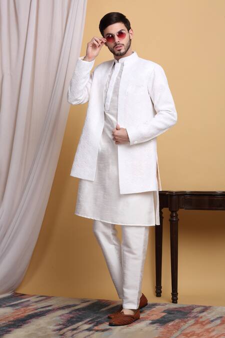 Shop_Aham-Vayam_Ivory Cotton, Silk Embroidery Nakkashkaari Jacket Pant Set 