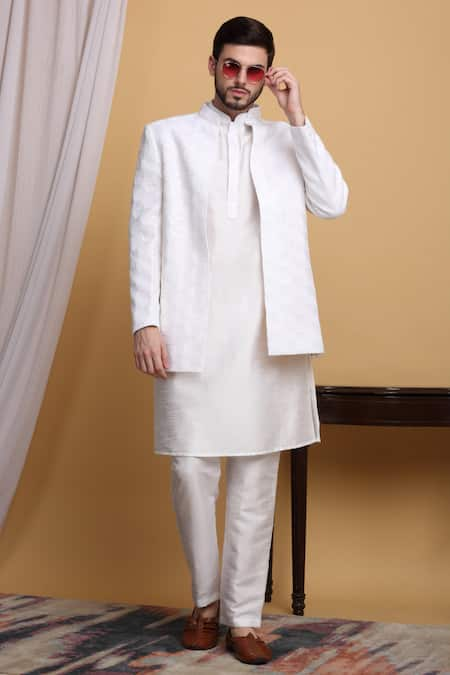 Aham-Vayam Ivory Cotton Silk Embroidery Honeycomb Kohima Pattern Jacket Pant Set 