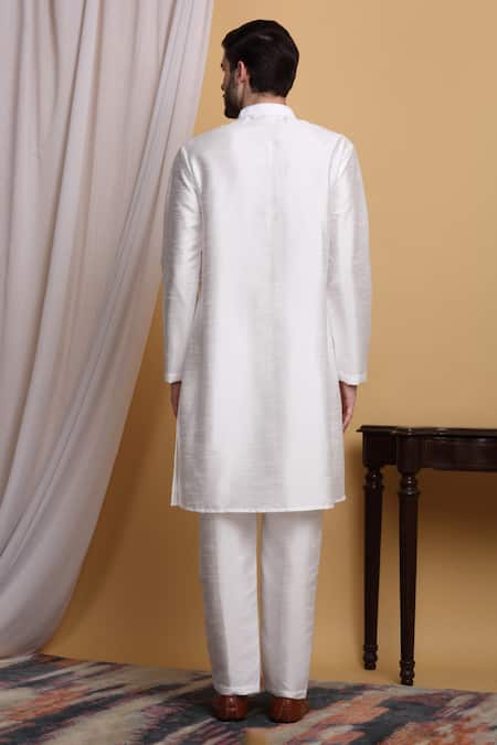 Shop_Aham-Vayam_Ivory Cotton, Silk Sequins Kohima Honeycomb Pattern Jacket Pant Set _at_Aza_Fashions