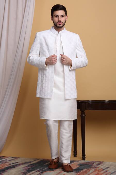 Shop_Aham-Vayam_Ivory Cotton, Silk Sequins Kohima Honeycomb Pattern Jacket Pant Set _Online_at_Aza_Fashions
