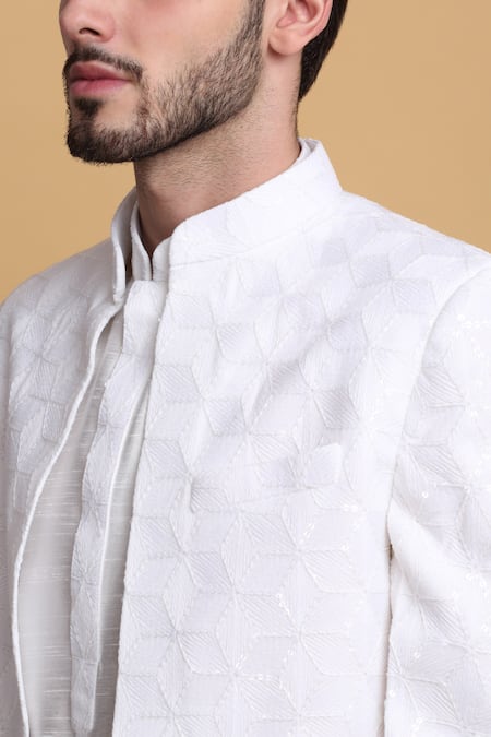 Aham-Vayam_Ivory Cotton, Silk Sequins Kohima Honeycomb Pattern Jacket Pant Set _at_Aza_Fashions