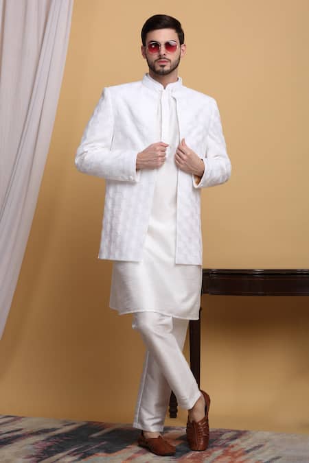 Buy_Aham-Vayam_Ivory Cotton, Silk Sequins Kohima Honeycomb Pattern Jacket Pant Set 