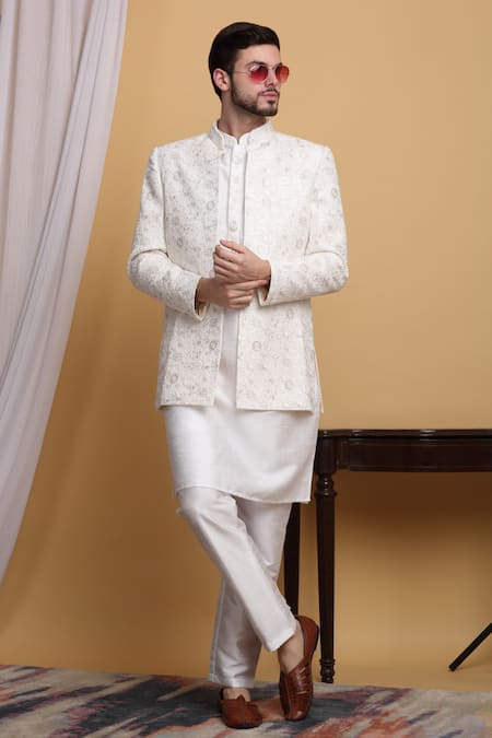 Aham-Vayam Ivory Cotton Silk Embroidery Flower Vine Jacket Pant Set 