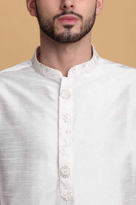 Shop_Aham-Vayam_Ivory Cotton, Silk Embroidery Flower Vine Jacket Pant Set _Online_at_Aza_Fashions