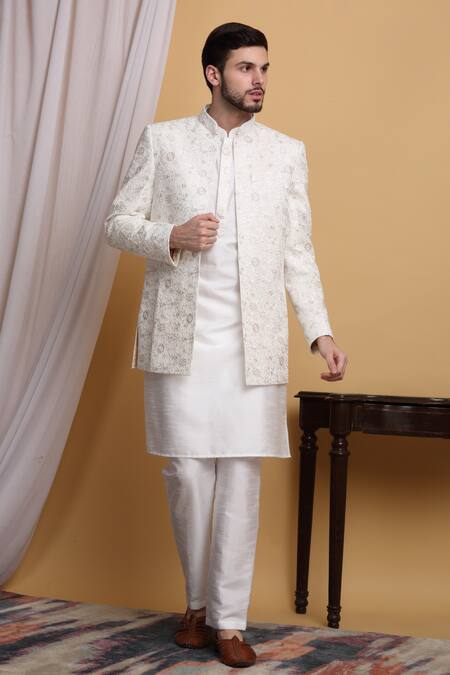 Aham-Vayam_Ivory Cotton, Silk Embroidery Flower Vine Jacket Pant Set _at_Aza_Fashions