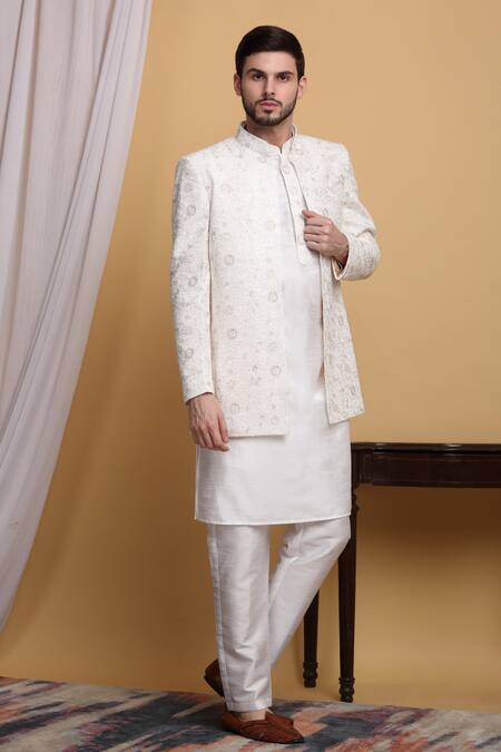 Buy_Aham-Vayam_Ivory Cotton, Silk Embroidery Flower Vine Jacket Pant Set 