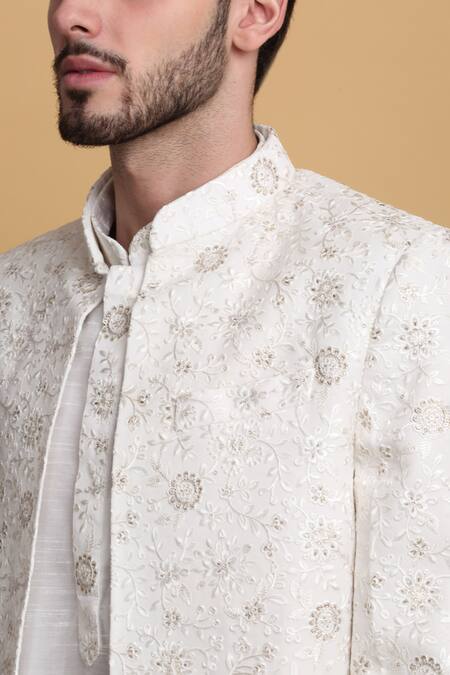 Shop_Aham-Vayam_Ivory Cotton, Silk Embroidery Flower Vine Jacket Pant Set 