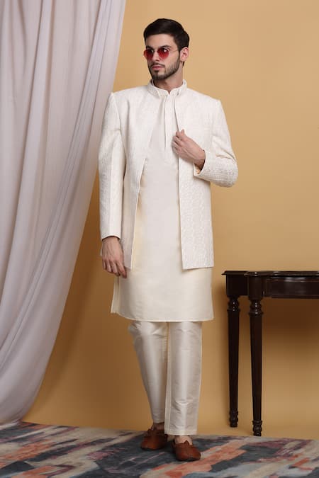 Aham-Vayam Ivory Cotton Silk Embroidery Geometric Om Jacket Pant Set 