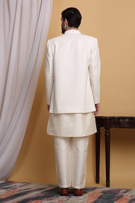 Shop_Aham-Vayam_Ivory Cotton, Silk Embroidery, Sequins Om Geometric Jacket Pant Set _at_Aza_Fashions