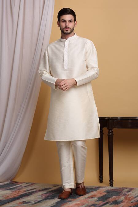 Aham-Vayam_Ivory Cotton, Silk Embroidery, Sequins Om Geometric Jacket Pant Set _Online_at_Aza_Fashions