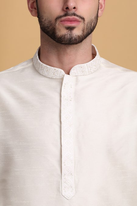 Shop_Aham-Vayam_Ivory Cotton, Silk Embroidery, Sequins Om Geometric Jacket Pant Set _Online_at_Aza_Fashions