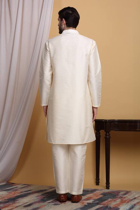 Aham-Vayam_Ivory Cotton, Silk Embroidery, Sequins Om Geometric Jacket Pant Set _at_Aza_Fashions