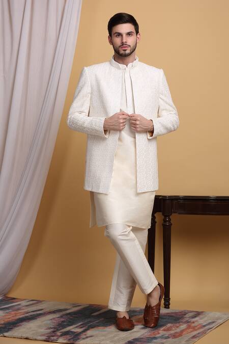 Buy_Aham-Vayam_Ivory Cotton, Silk Embroidery, Sequins Om Geometric Jacket Pant Set 