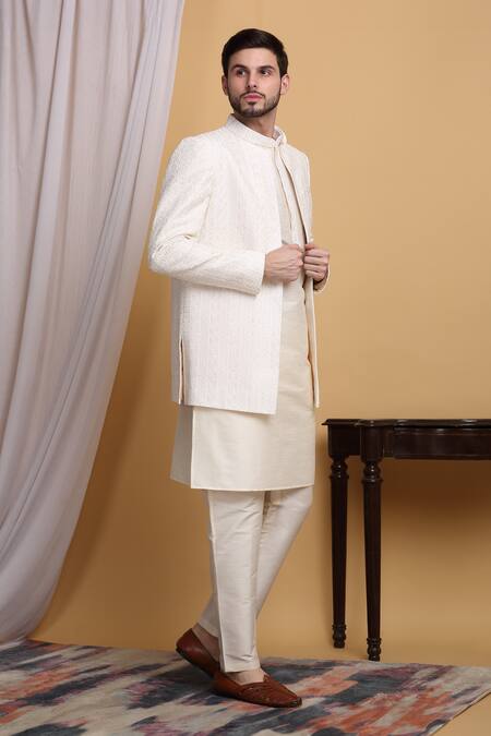 Shop_Aham-Vayam_Ivory Cotton, Silk Embroidery, Sequins Om Geometric Jacket Pant Set 