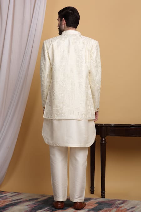 Shop_Aham-Vayam_Cream Cotton, Silk Zari Zardozi Embroidered Jacket Pant Set _at_Aza_Fashions