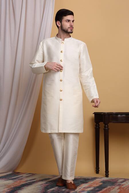Shop_Aham-Vayam_Cream Cotton, Silk Zari Zardozi Embroidered Jacket Pant Set _Online_at_Aza_Fashions