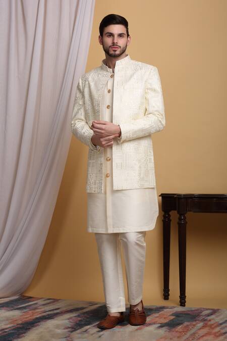 Buy_Aham-Vayam_Cream Cotton, Silk Zari Zardozi Embroidered Jacket Pant Set 