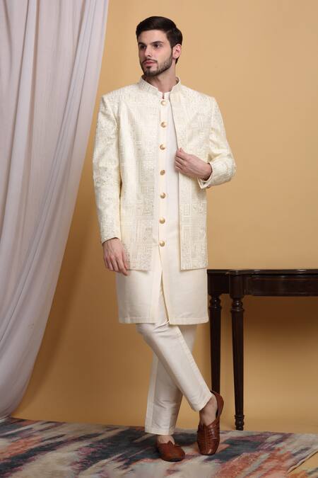 Shop_Aham-Vayam_Cream Cotton, Silk Zari Zardozi Embroidered Jacket Pant Set 