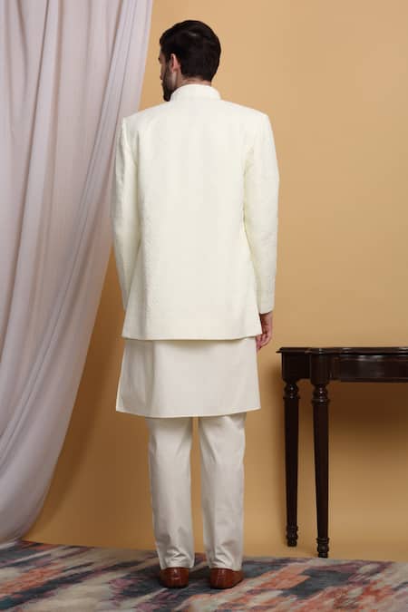 Shop_Aham-Vayam_Off White Cotton, Silk Embroidery Diyam Jacket Pant Set _at_Aza_Fashions