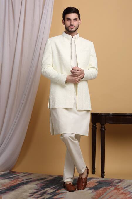 Buy_Aham-Vayam_Off White Cotton, Silk Embroidery Diyam Jacket Pant Set 
