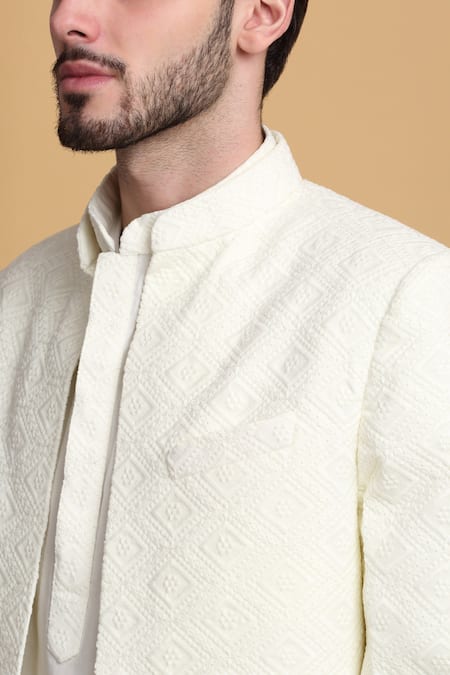 Shop_Aham-Vayam_Off White Cotton, Silk Embroidery Diyam Jacket Pant Set 