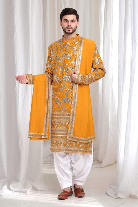 Aham-Vayam Yellow Cotton Embroidery Sequins Kashish Kurta And Patiala Set 