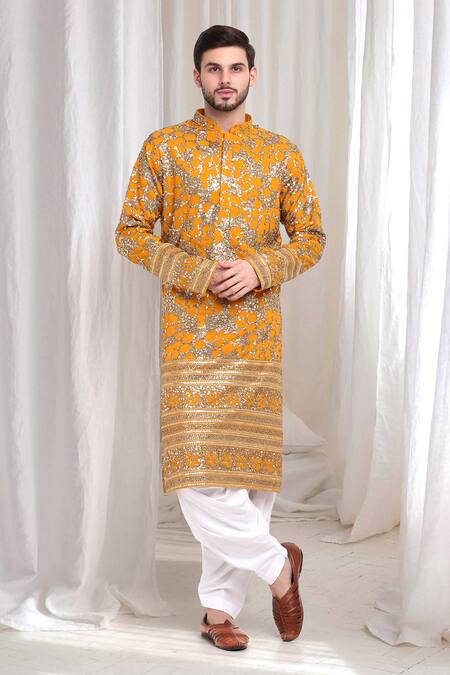 Buy_Aham-Vayam_Yellow Cotton Sequins Kashish Embroidered Kurta And Patiala Set _Online_at_Aza_Fashions