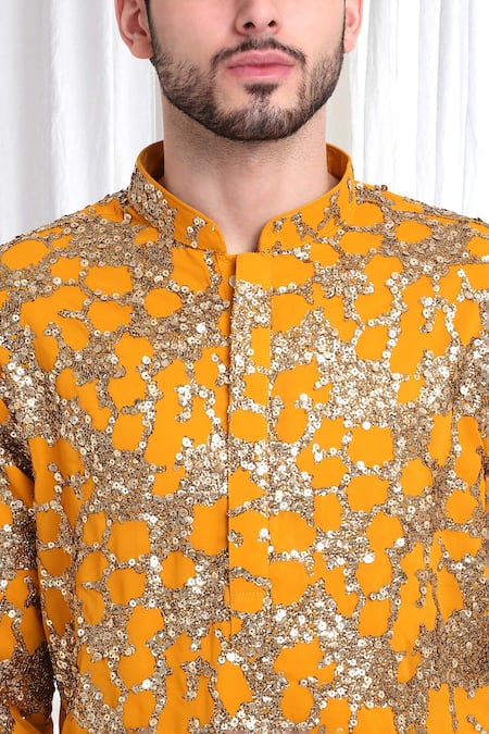 Shop_Aham-Vayam_Yellow Cotton Sequins Kashish Embroidered Kurta And Patiala Set _Online_at_Aza_Fashions