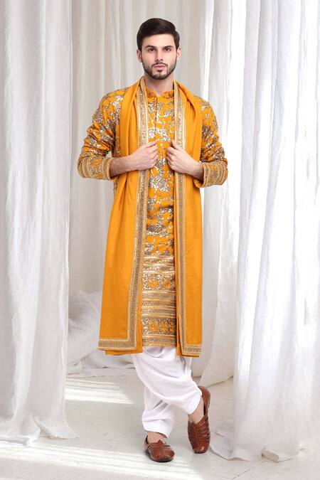 Aham-Vayam_Yellow Cotton Sequins Kashish Embroidered Kurta And Patiala Set _at_Aza_Fashions