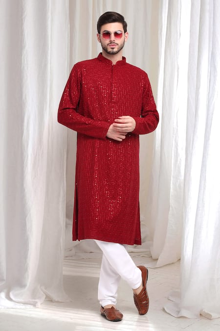 Aham-Vayam Red Cotton Embroidery Thread Nitaara Kurta With Churidaar 