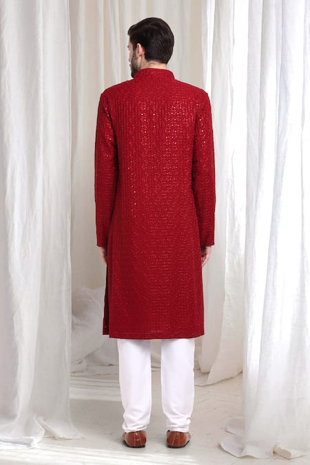 Shop_Aham-Vayam_Red Cotton Sequins, Embroidery Nitaara Kurta With Churidaar _at_Aza_Fashions