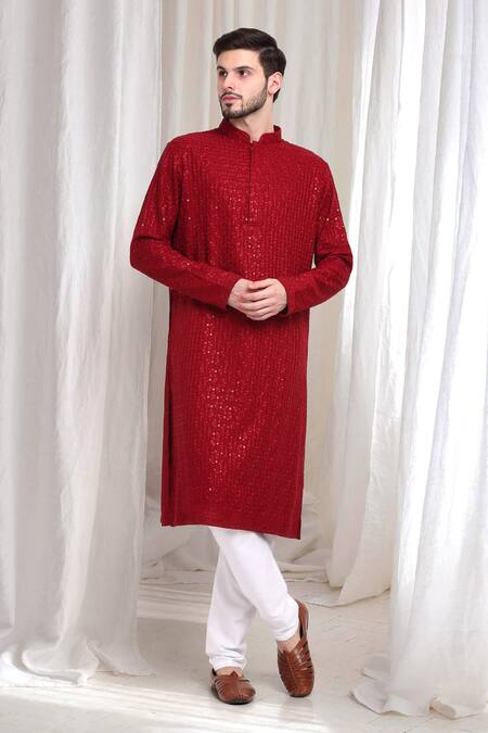 Buy_Aham-Vayam_Red Cotton Sequins, Embroidery Nitaara Kurta With Churidaar _Online_at_Aza_Fashions