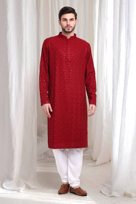 Shop_Aham-Vayam_Red Cotton Sequins, Embroidery Nitaara Kurta With Churidaar _Online_at_Aza_Fashions