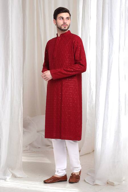 Aham-Vayam_Red Cotton Sequins, Embroidery Nitaara Kurta With Churidaar _at_Aza_Fashions
