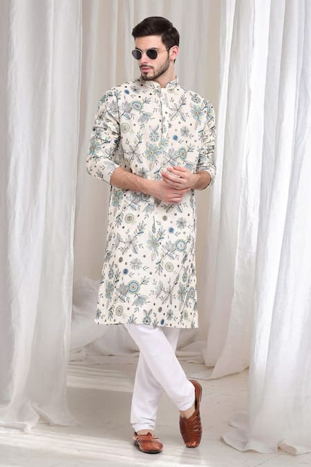 Aham-Vayam White Cotton Embroidery Floral Pushp Kurta With Churidaar 